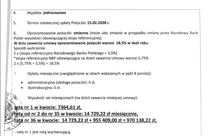 Fragment umowy pożyczki: oprocentowanie zmienne 18,5% w dniu zawarcia umowy, wyliczone jako dwukrotność sumy stopy referencyjnej NBP i 3,5 punktu procentowego, oraz harmonogram 36 rat